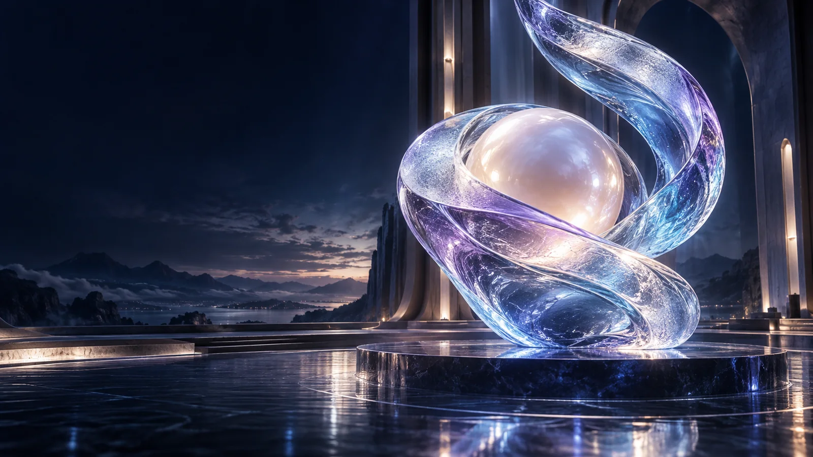Una cinta de cristal azul y violeta envuelve un núcleo luminoso.